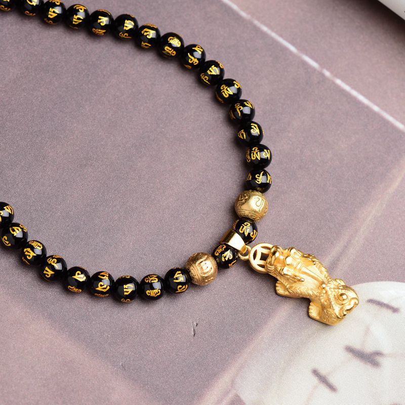 7A Black Agate Gold-plated Six-word Necklace with Pendant